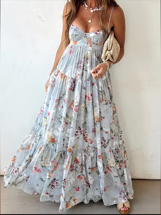 Dresses & Skirts - NWT Light Blue/Grey Floral Maxi Dress with Spaghetti Straps